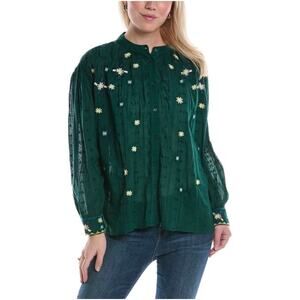 Anna Kay Women’s green semi sheer blouse w embroidery, Size L